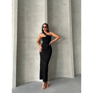 petite ateiler Krinkıl tek omuz uzun elbise siyah s25455