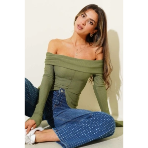 petite ateiler Madonna Yaka Düğmeli Bluz yeşil t4329