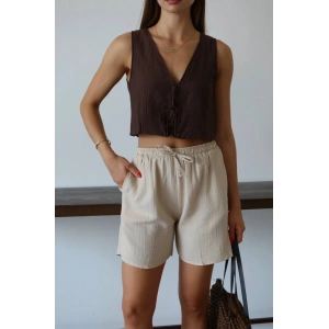 petite ateiler Müslin kumaş şort bağcıklı bej pt