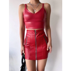 petite ateiler Üç fermuarlı deri etek bordo s24510