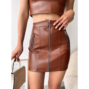 petite ateiler Üç fermuarlı deri etek kahve s24510