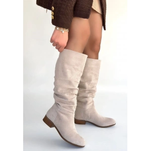 petite ateiler Winda Bej Süet Körüklü Topuklu Çizme