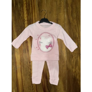 petite ateiler 3-12 aylık kedi desen işlemeli takım pembe