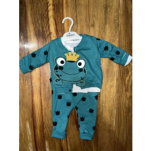 petite ateiler 3-12 aylık kurbağa desenli üçlü takım koyumavi
