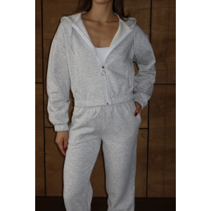 petite ateiler 3 iplik şardonlu Kapşonlu fermuarlı kısa üst gri pat8590