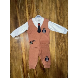 petite ateiler 6-24 aylık kravatlı üçlü takım kahve