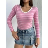 petite ateiler V yaka çizgili bluz pembe A3699