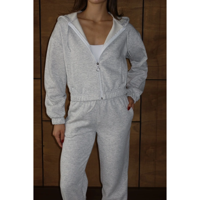 petite ateiler 3 iplik şardonlu Kapşonlu fermuarlı kısa üst gri pat8590