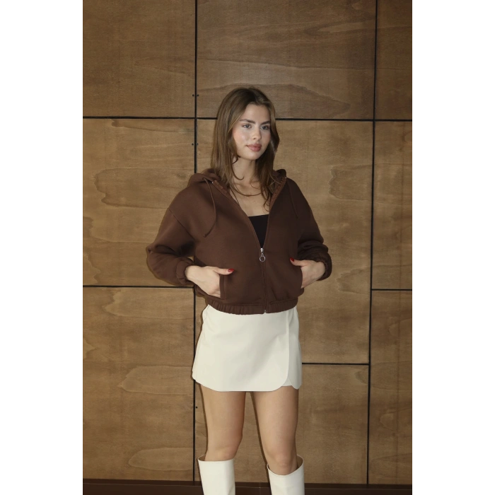 petite ateiler 3 iplik şardonlu Kapşonlu fermuarlı kısa üst kahve pat8590
