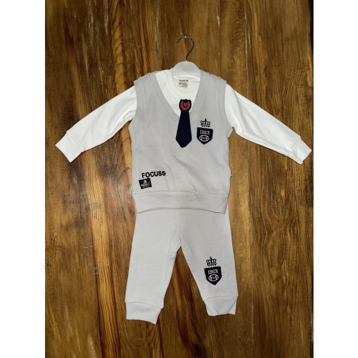petite ateiler 6-24 aylık kravatlı üçlü takım gri