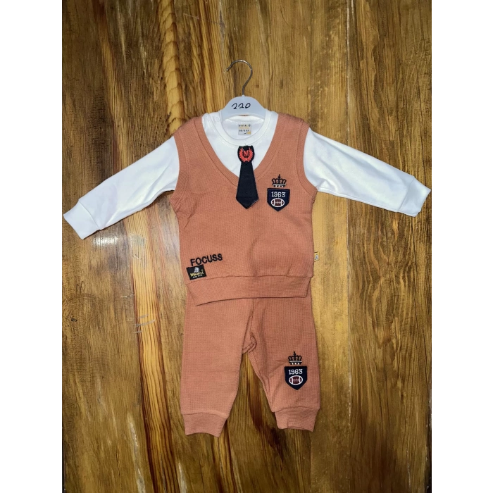petite ateiler 6-24 aylık kravatlı üçlü takım kahve
