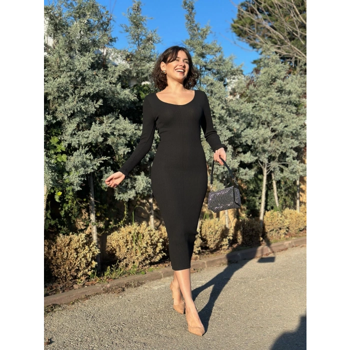 petite ateiler V yaka Uzun kollu midi boy elbise siyah A3154