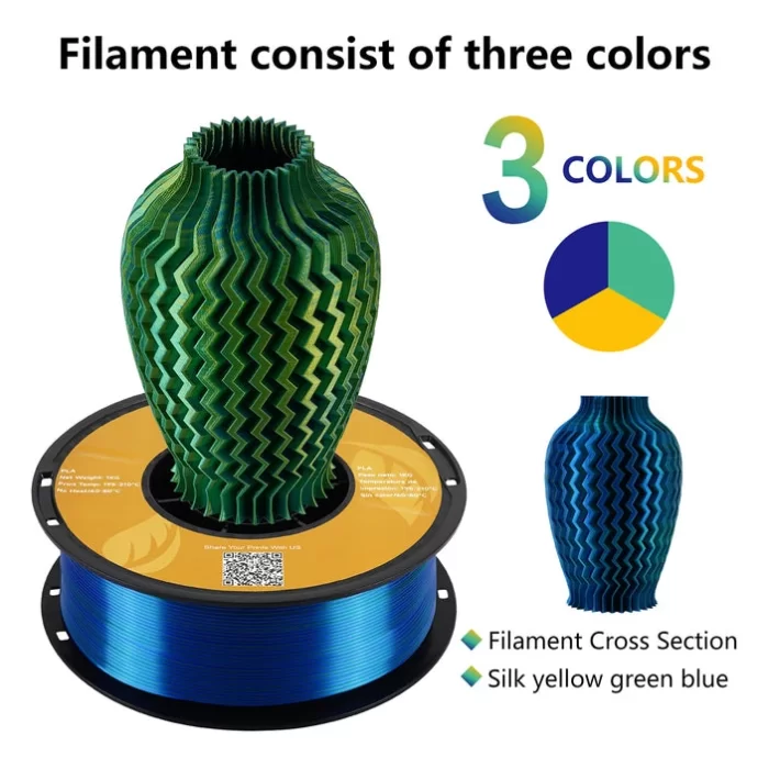 Kingroon PLA Silk Üçlü Renk Filament Sarı Mavi Yeşil 1.75mm 1kg