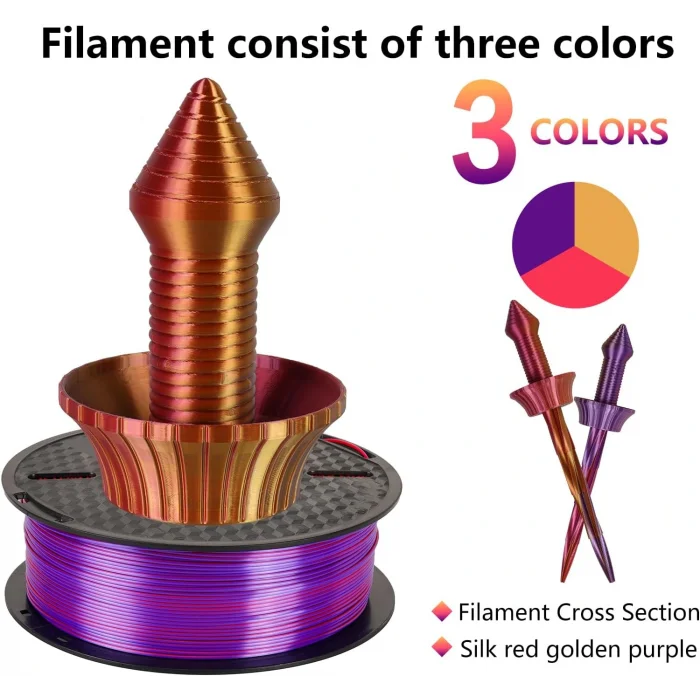 Kingroon PLA Silk üçlü renk Filament Kırmızı Altın Mor 1.75mm 1kg