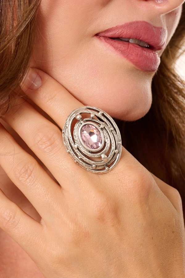 ZeyDor Pembe Kristal Taşlı Dönmeli Oval Yüzük