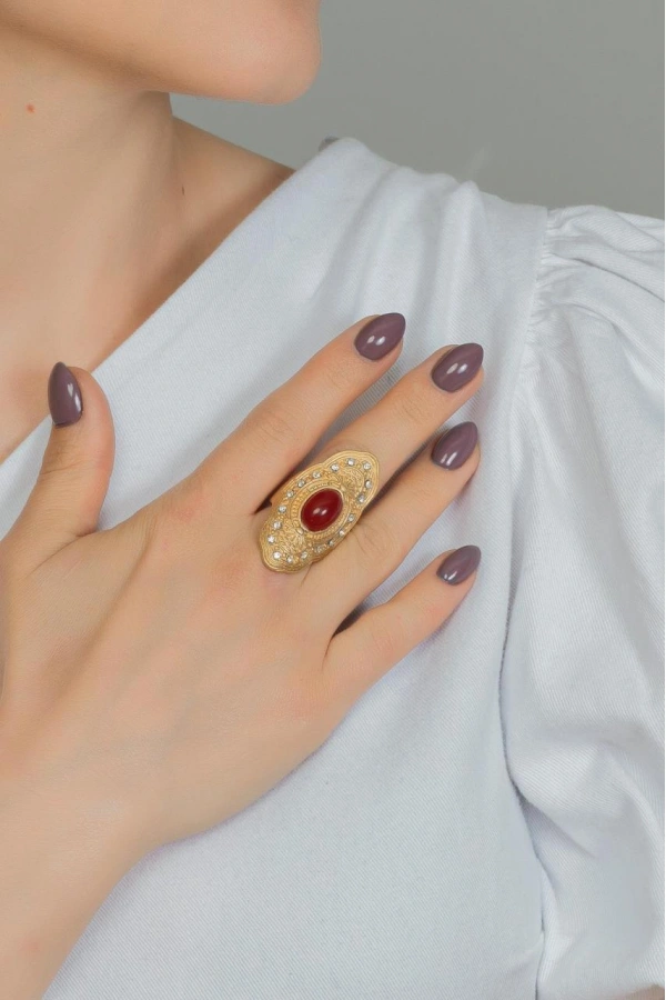 ZeyDor Claret Red Stone Ottoman Design Ring 1551