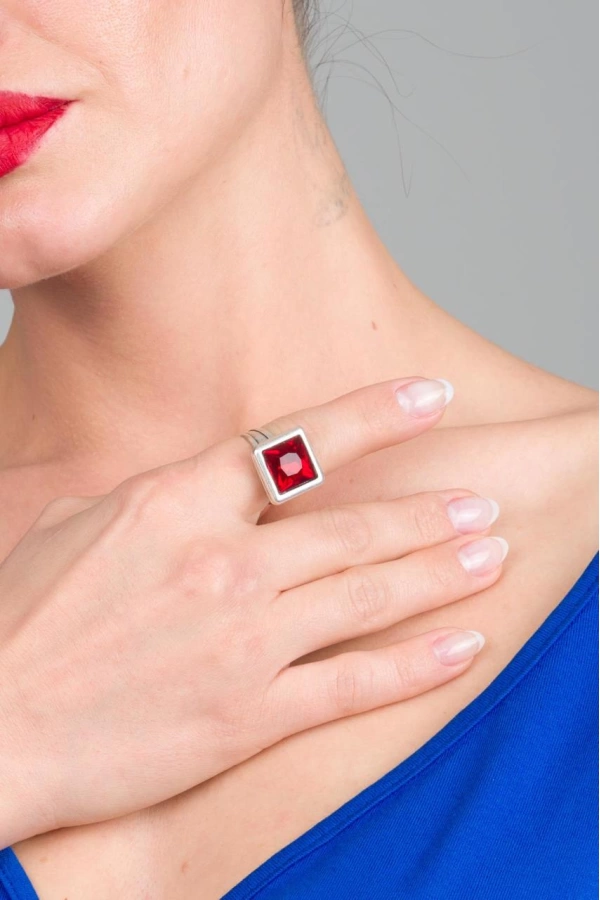 ZeyDor Square Ring with Red Crystal Stone 1589
