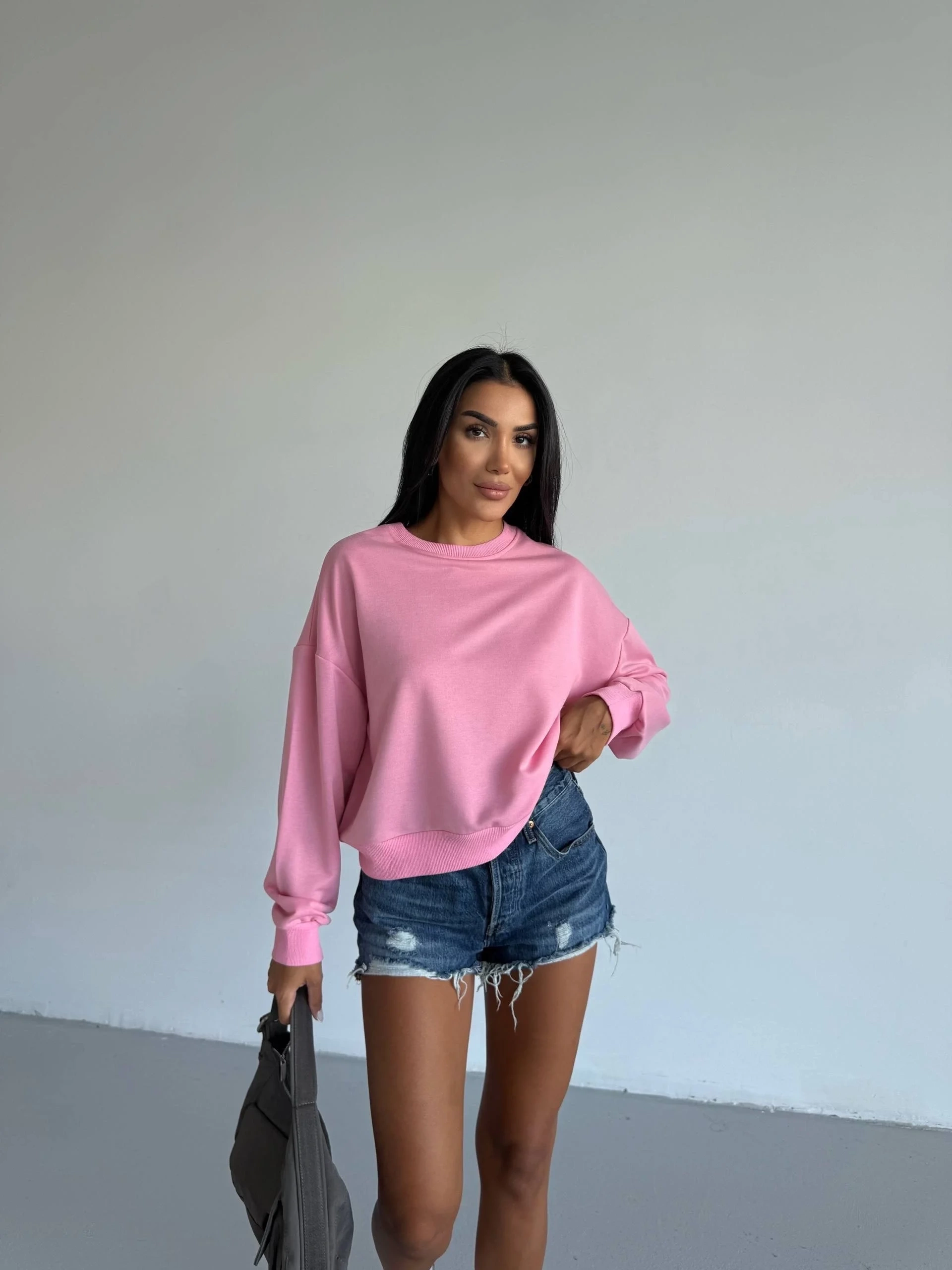 2 iplik bisiklet yaka sweat pembe f2339