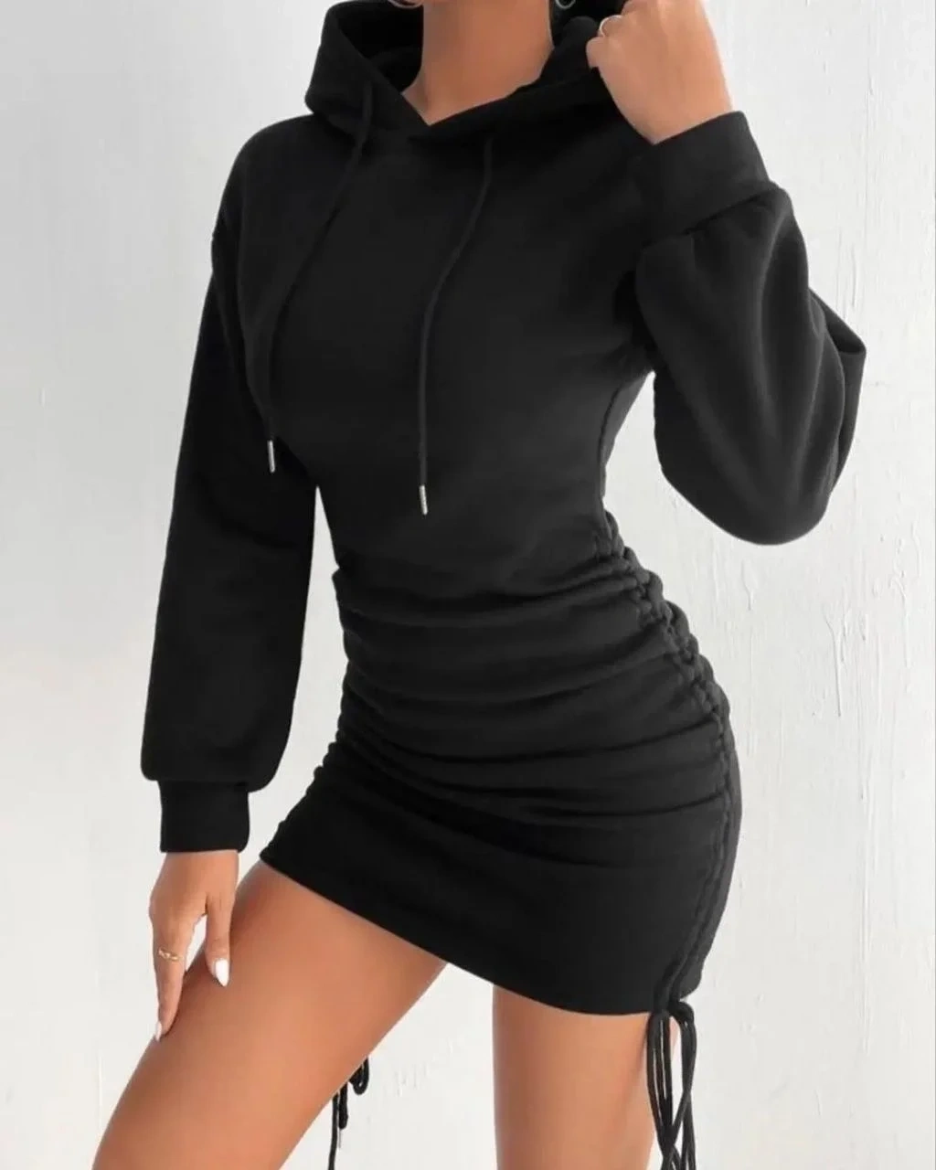 3 iplik şardonlu kapşonlu elbise siyah