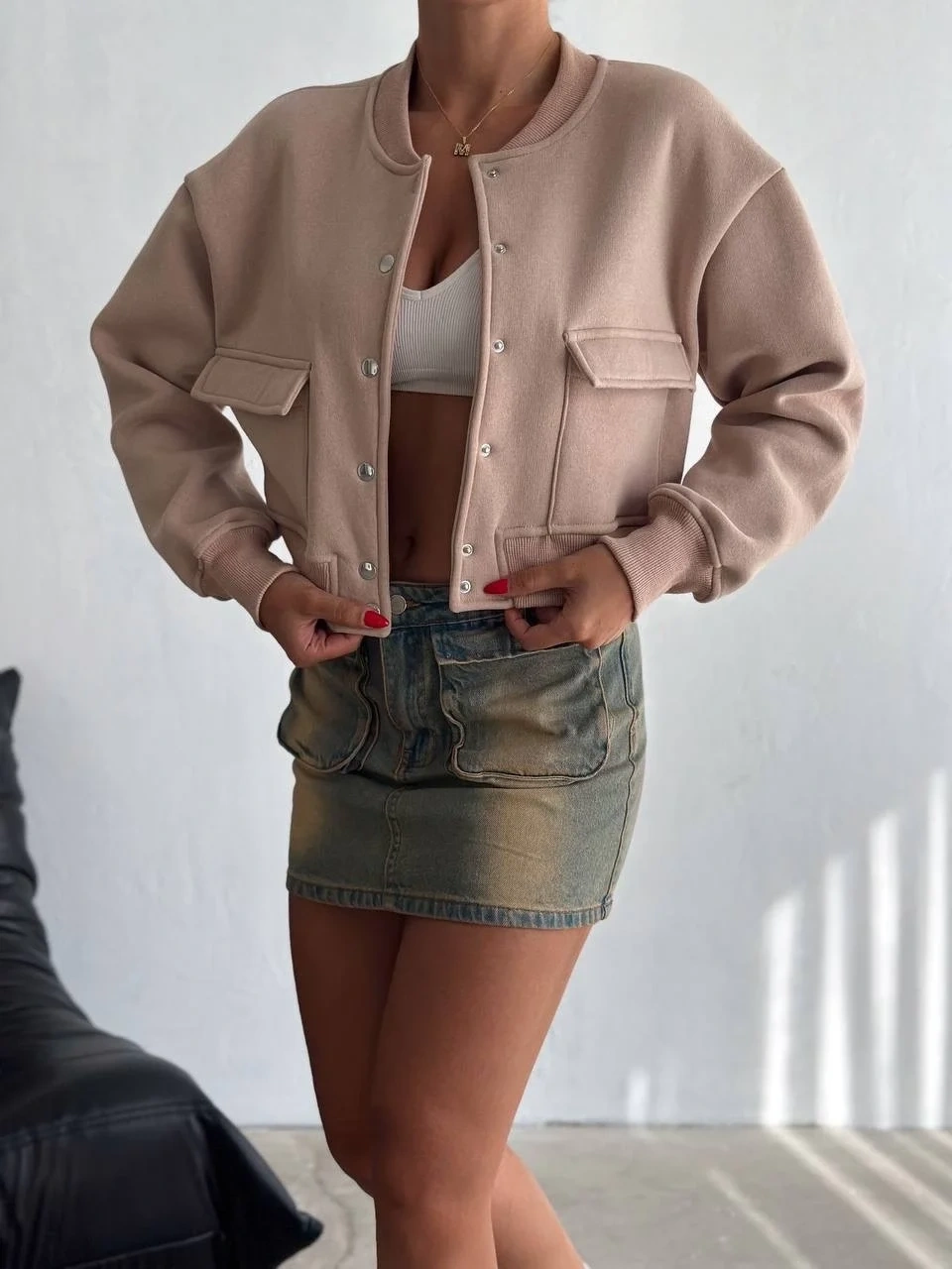 3 iplik şardonlu Önü çıtçıtlı cepli ceket bej