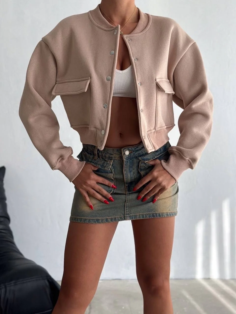 3 iplik şardonlu Önü çıtçıtlı cepli ceket bej