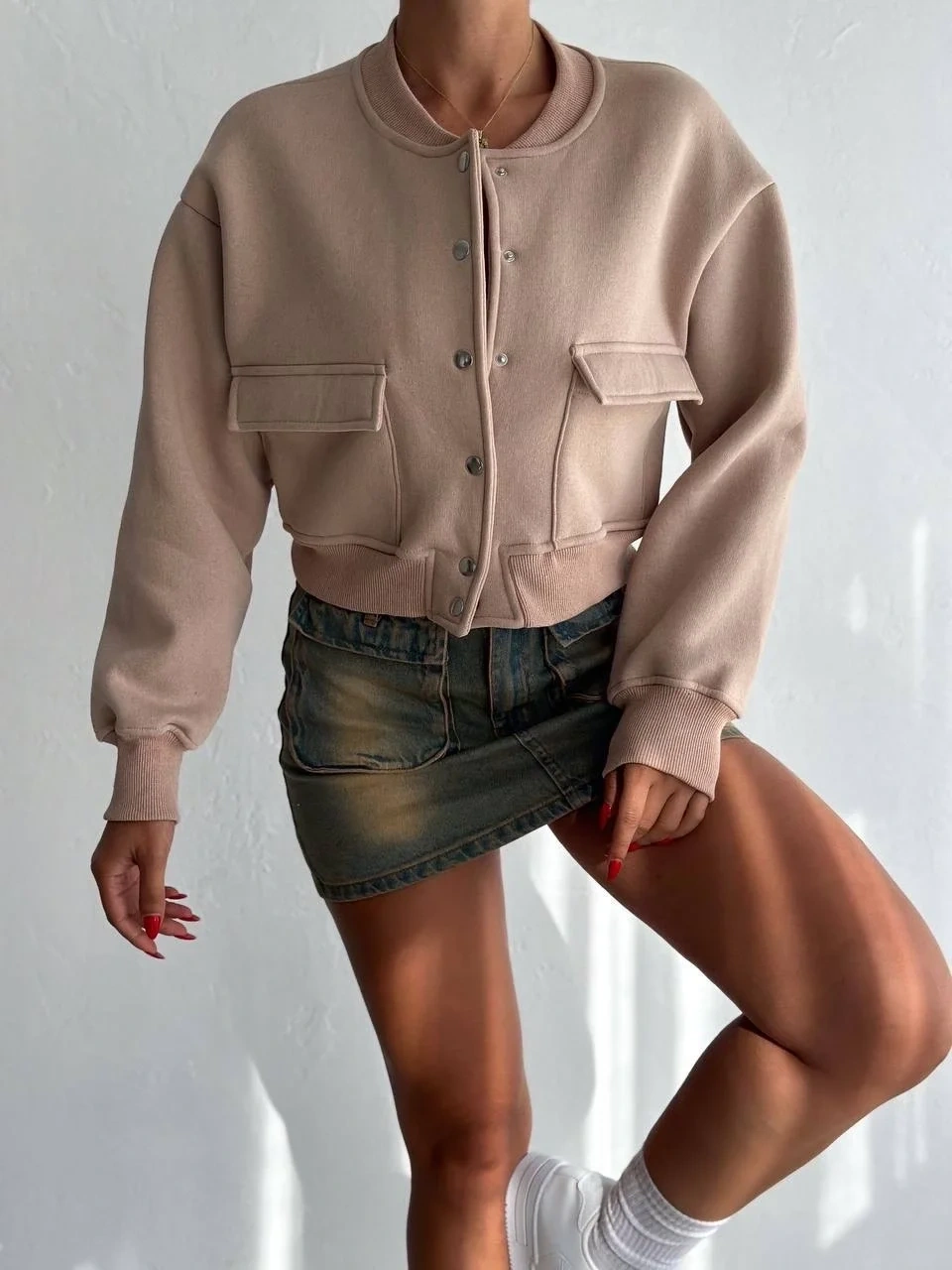 3 iplik şardonlu Önü çıtçıtlı cepli ceket bej