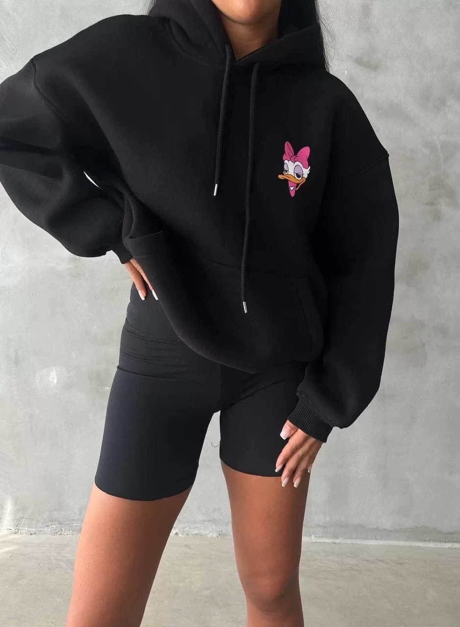 3 iplik şardonlu oversize compact ördek baskılı sweat siyah