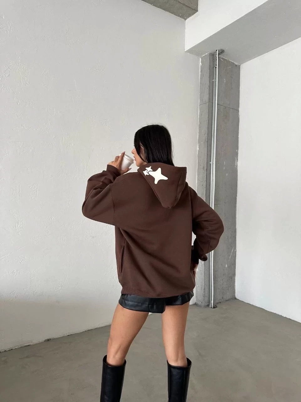 3 iplik şardonlu oversize compact out of baskılı sweat kahve