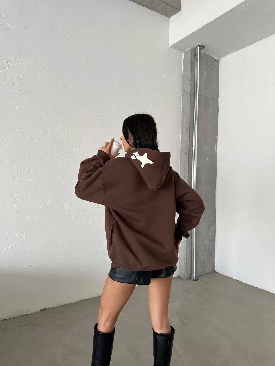 3 iplik şardonlu oversize compact out of baskılı sweat kahve
