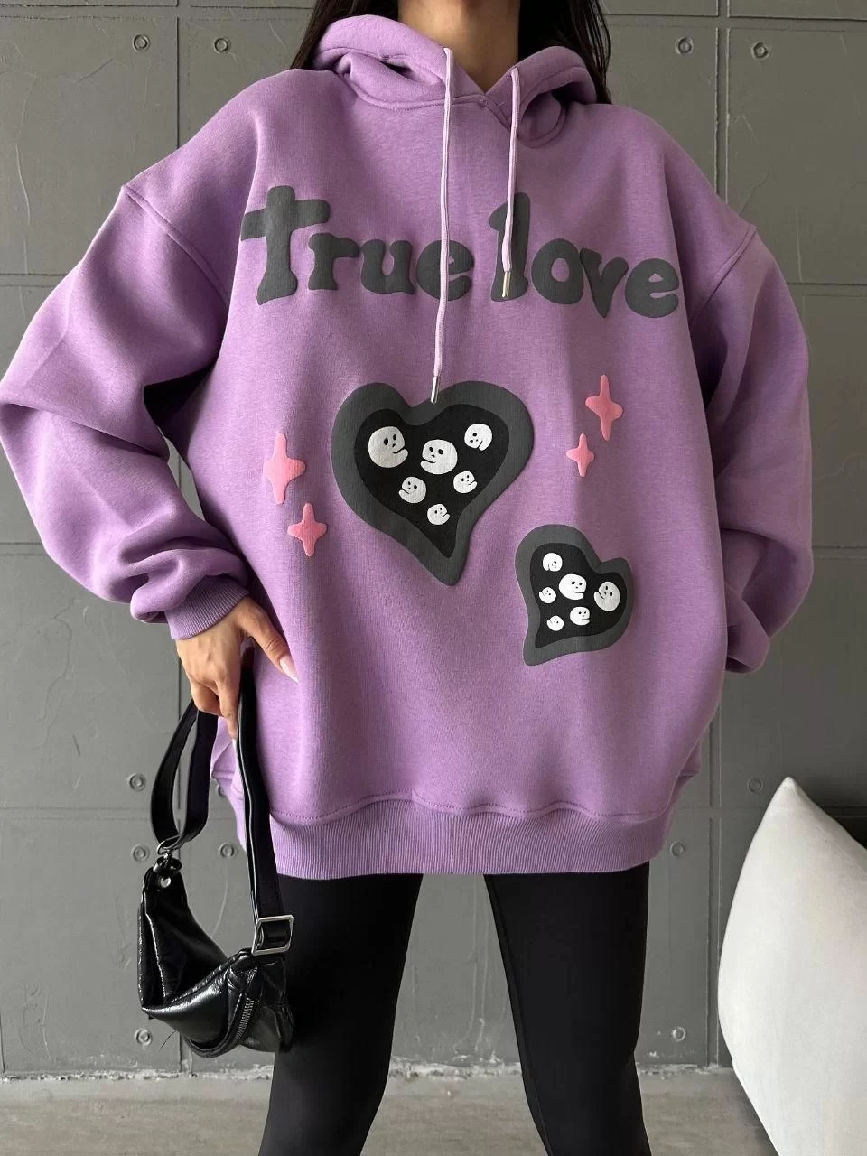 3 iplik şardonlu oversize compact true baskılı sweat mor