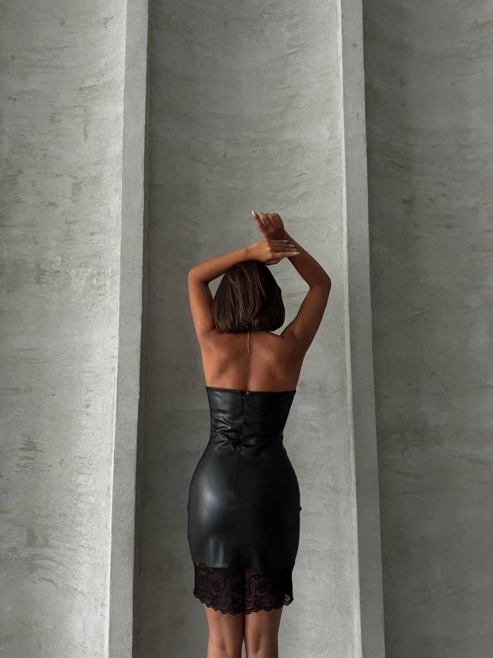 Altı dantelli straplez deri elbise siyah w240419