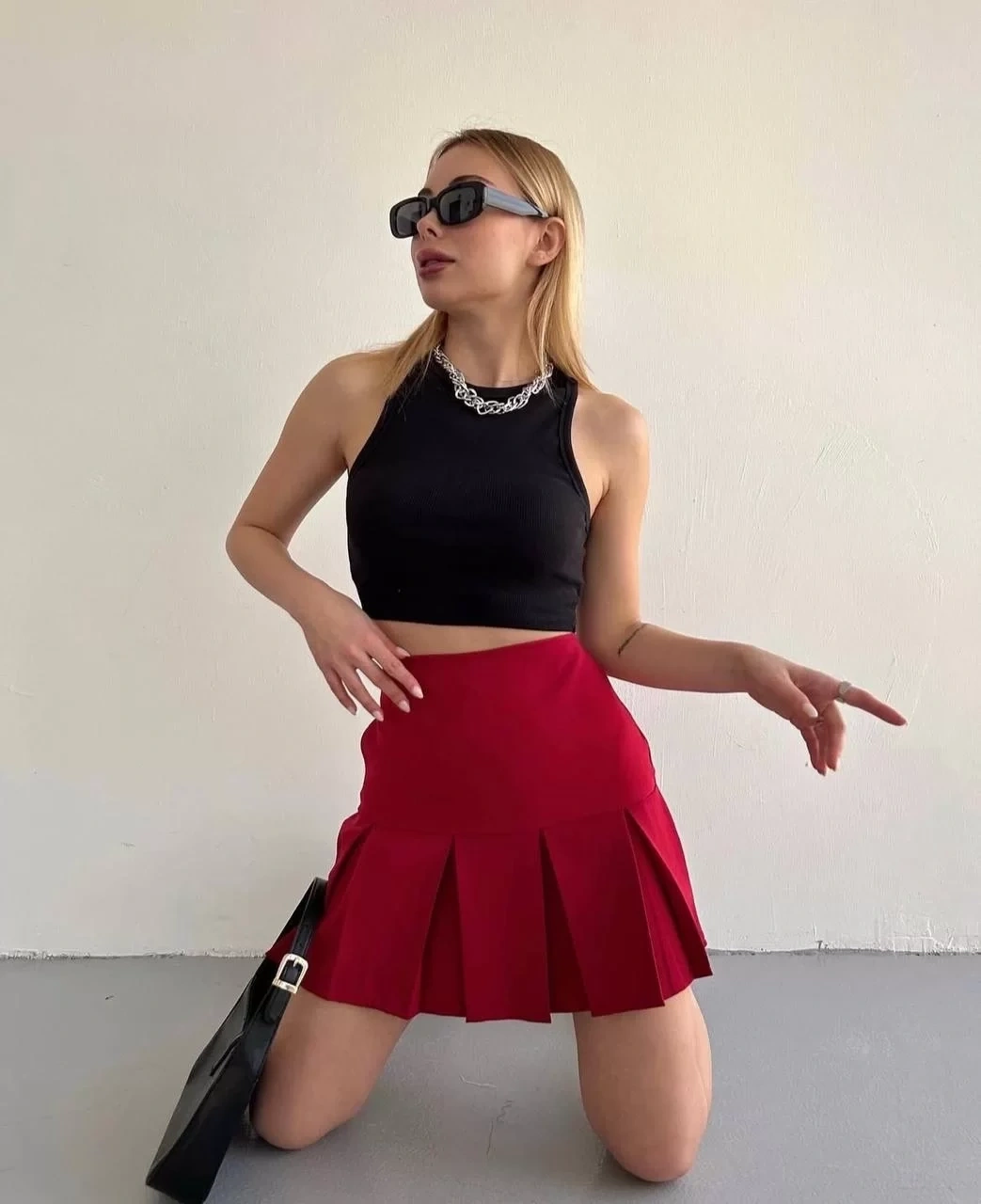 Altı geniş pileli etek bordo s24729