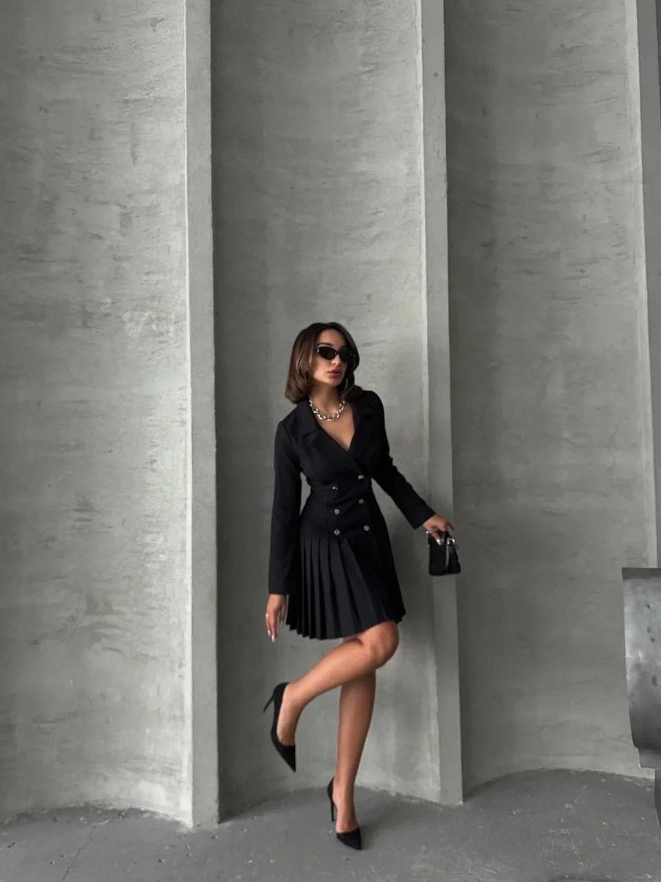 Altı piliseli uzun kollu ceket elbise siyah s255016