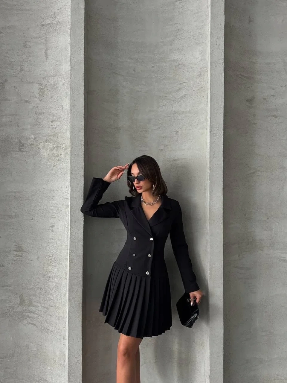 Altı piliseli uzun kollu ceket elbise siyah s255016