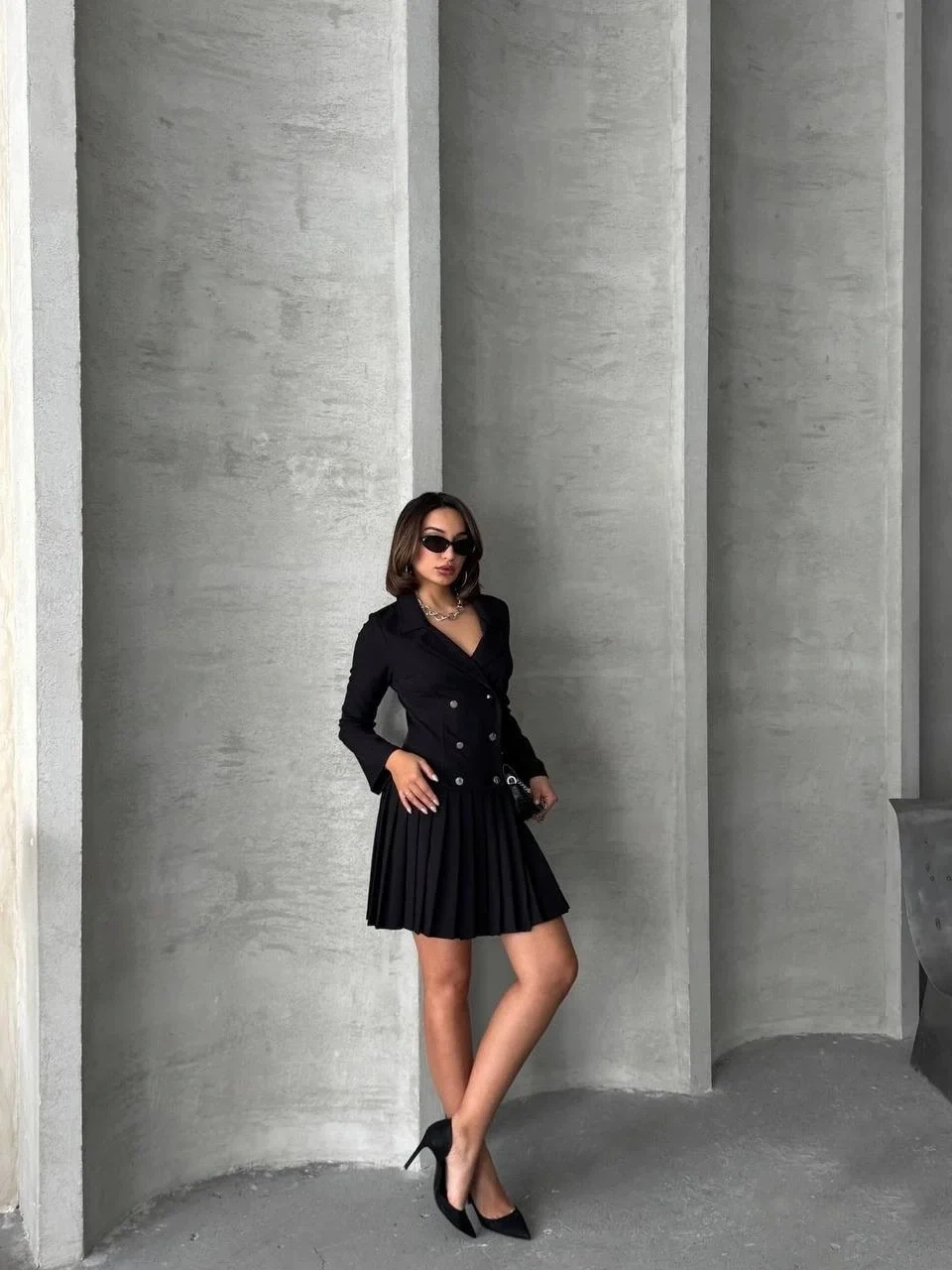 Altı piliseli uzun kollu ceket elbise siyah s255016