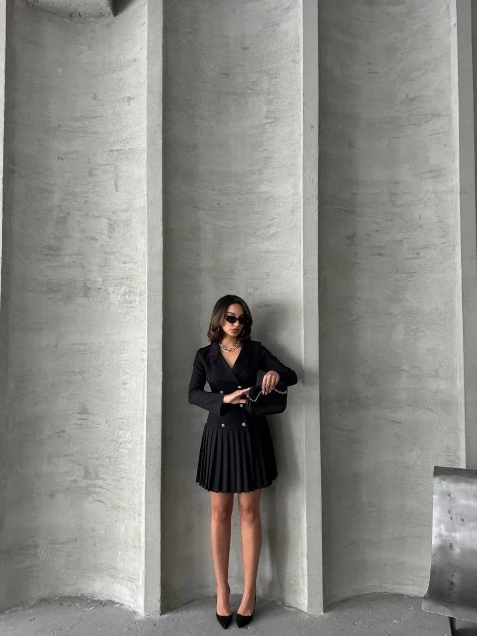 Altı piliseli uzun kollu ceket elbise siyah s255016