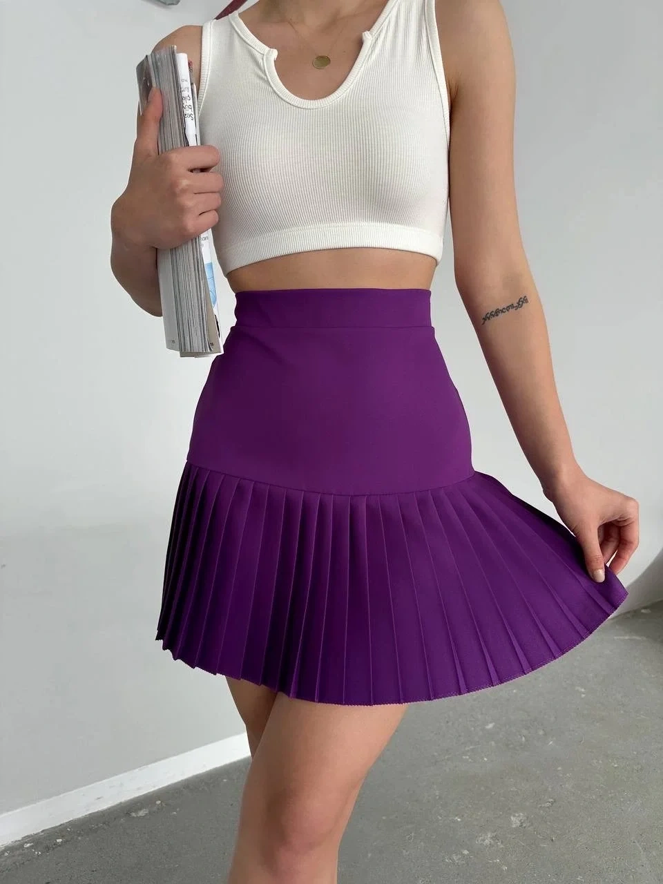Altı pliseli mini etek Mor s24705