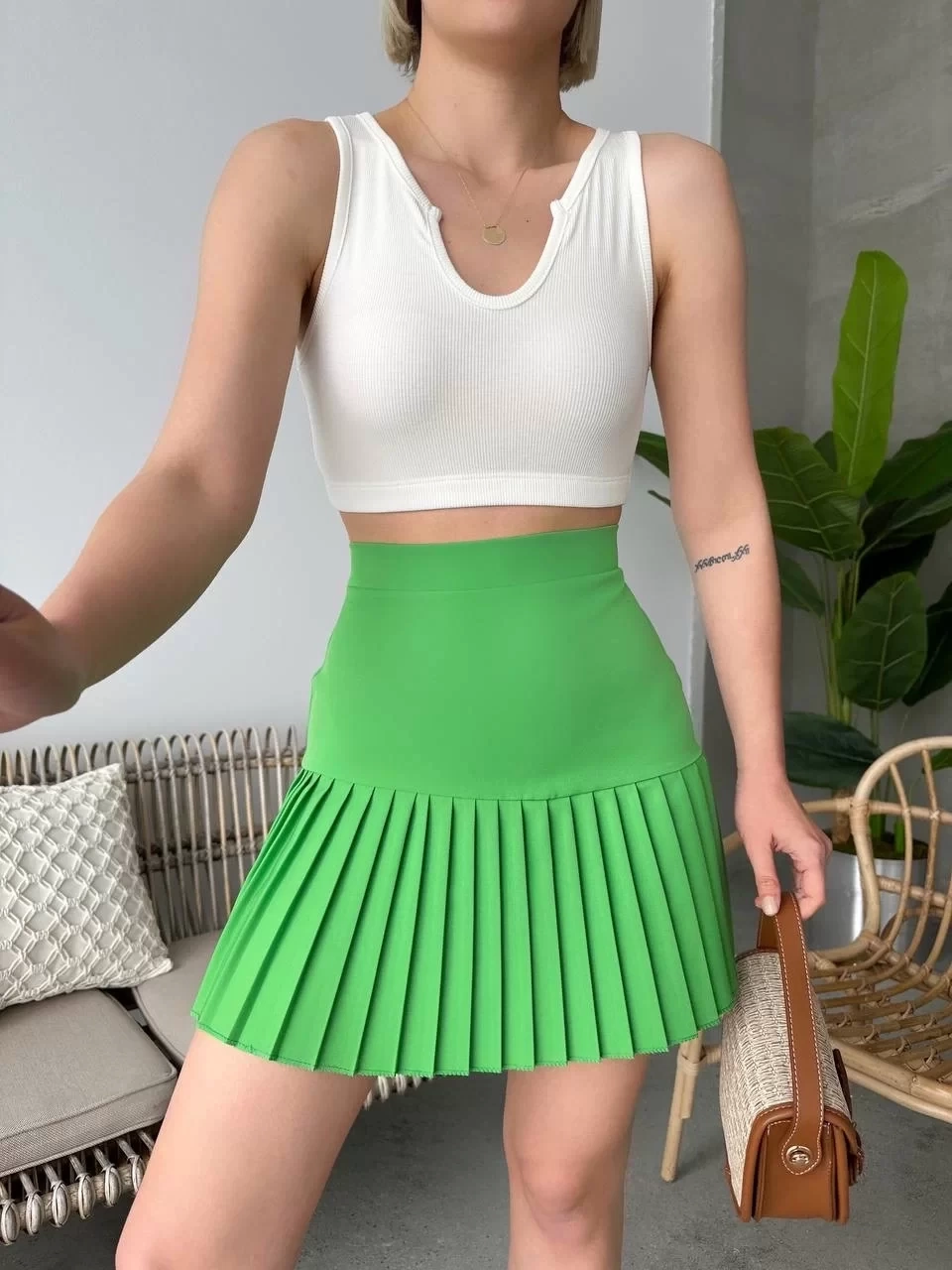 Altı pliseli mini etek yeşil s24705