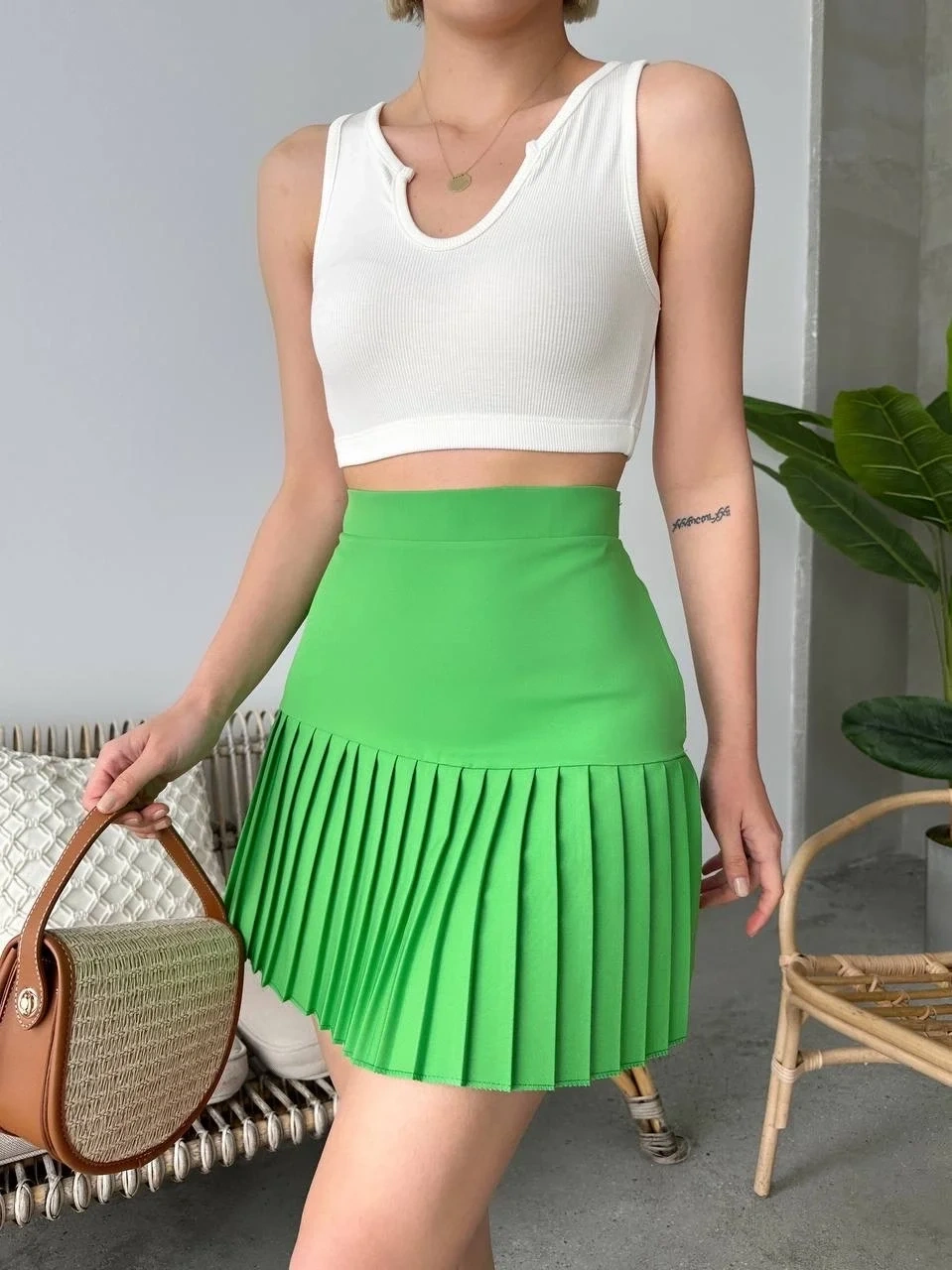 Altı pliseli mini etek yeşil s24705
