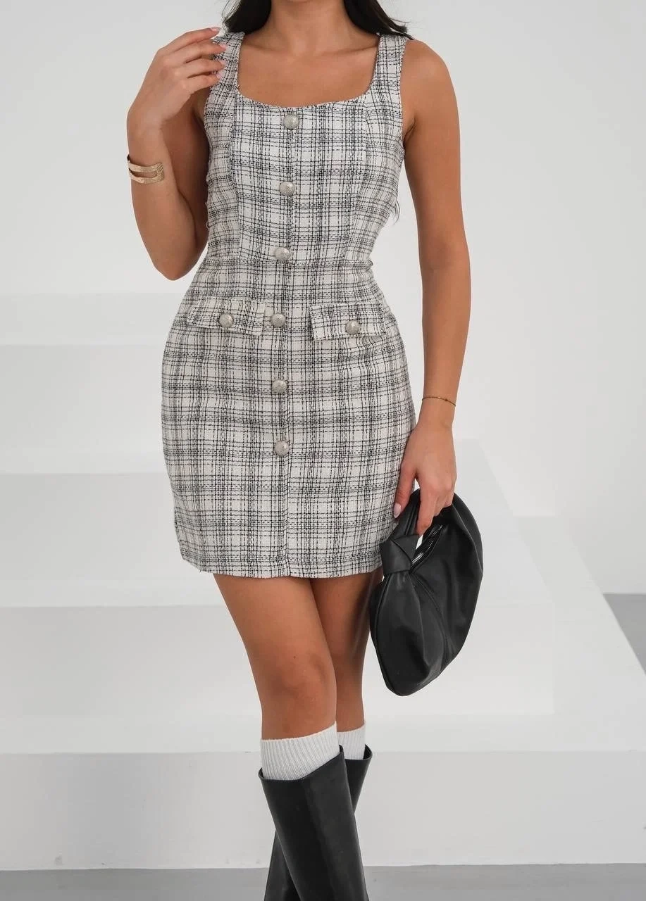 Askılı ch kumaş düğmeli elbise gribeyaz h265007