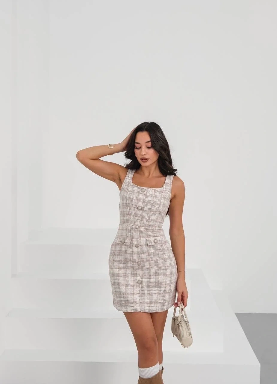 Askılı ch kumaş düğmeli elbise pudrabeyaz h265007