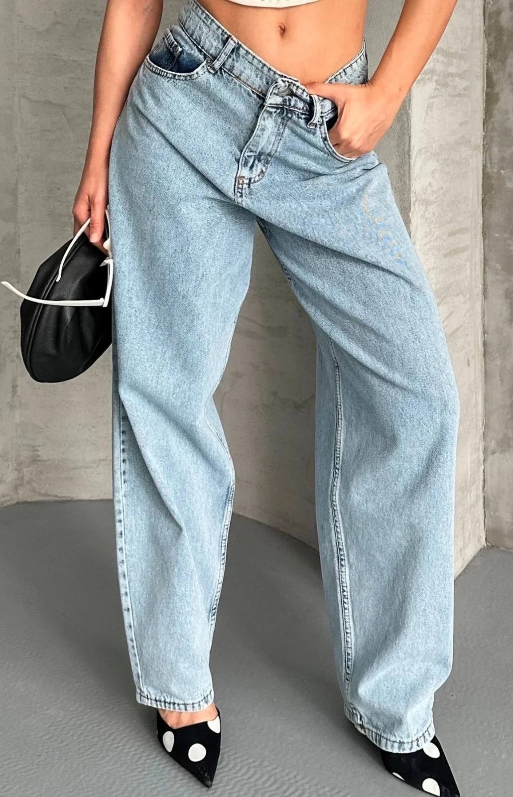 Baggy kar yıkama buz mavi jeans pantolon