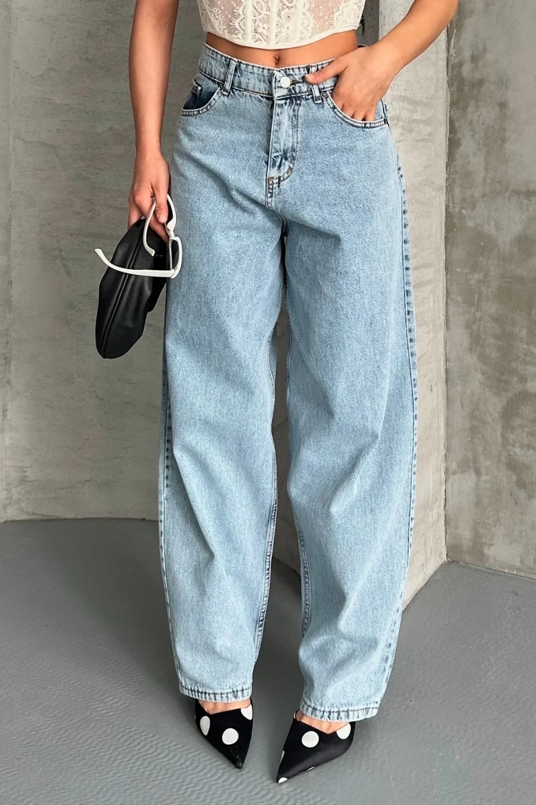 Baggy kar yıkama buz mavi jeans pantolon