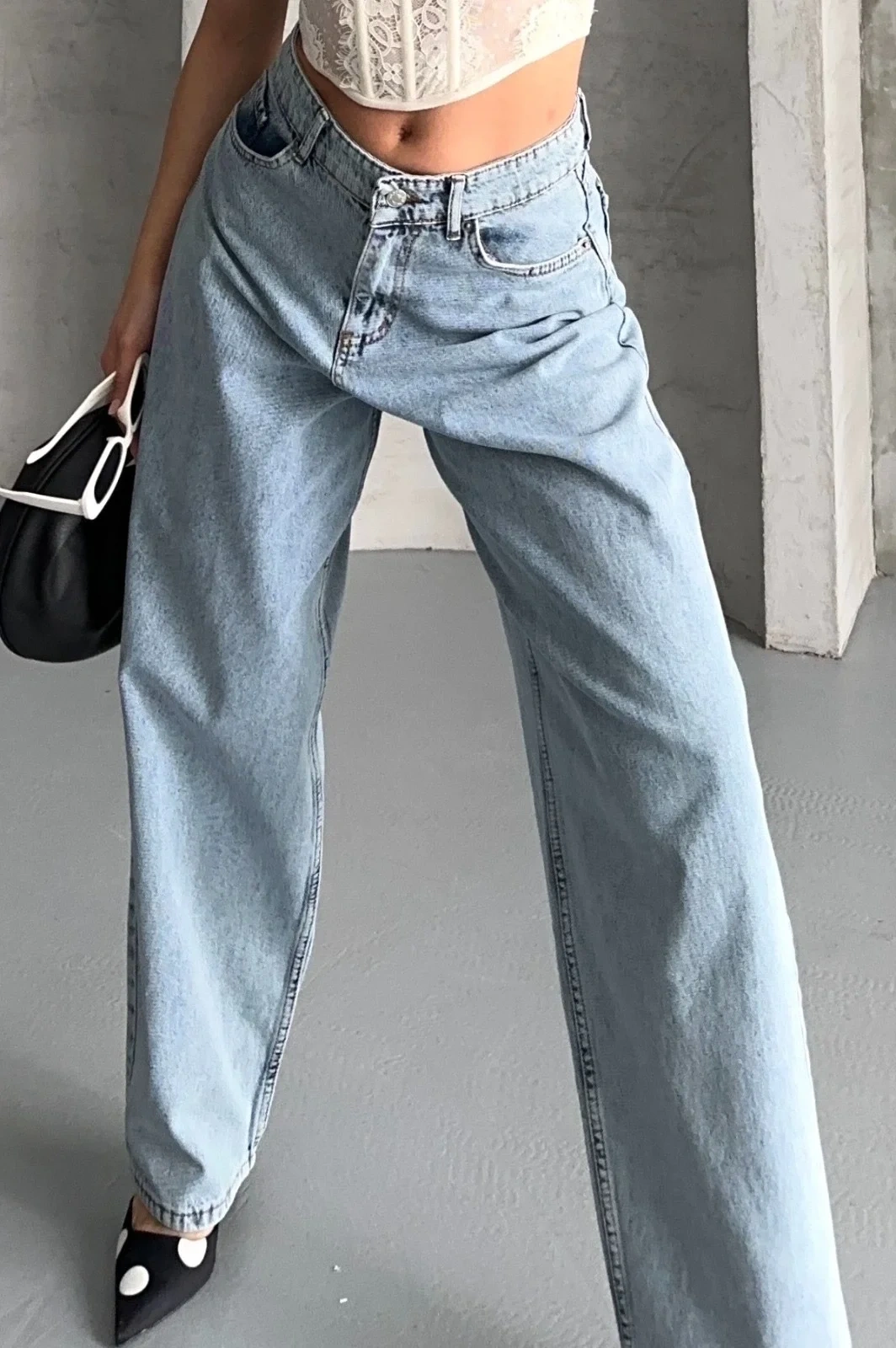 Baggy kar yıkama buz mavi jeans pantolon d2007