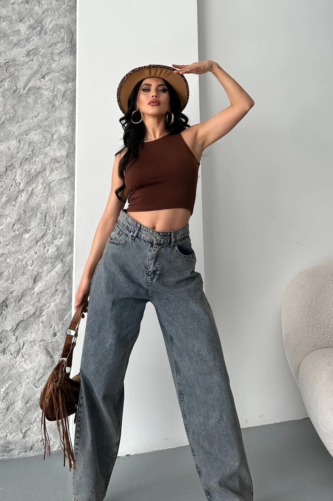 Baggy kar yıkama eskitme kahve jeans pantolon