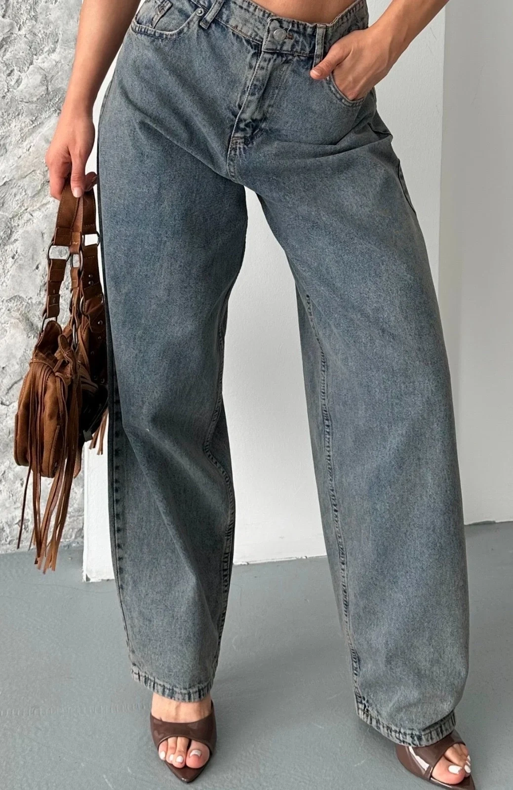 Baggy kar yıkama eskitme kahve jeans pantolon d2007