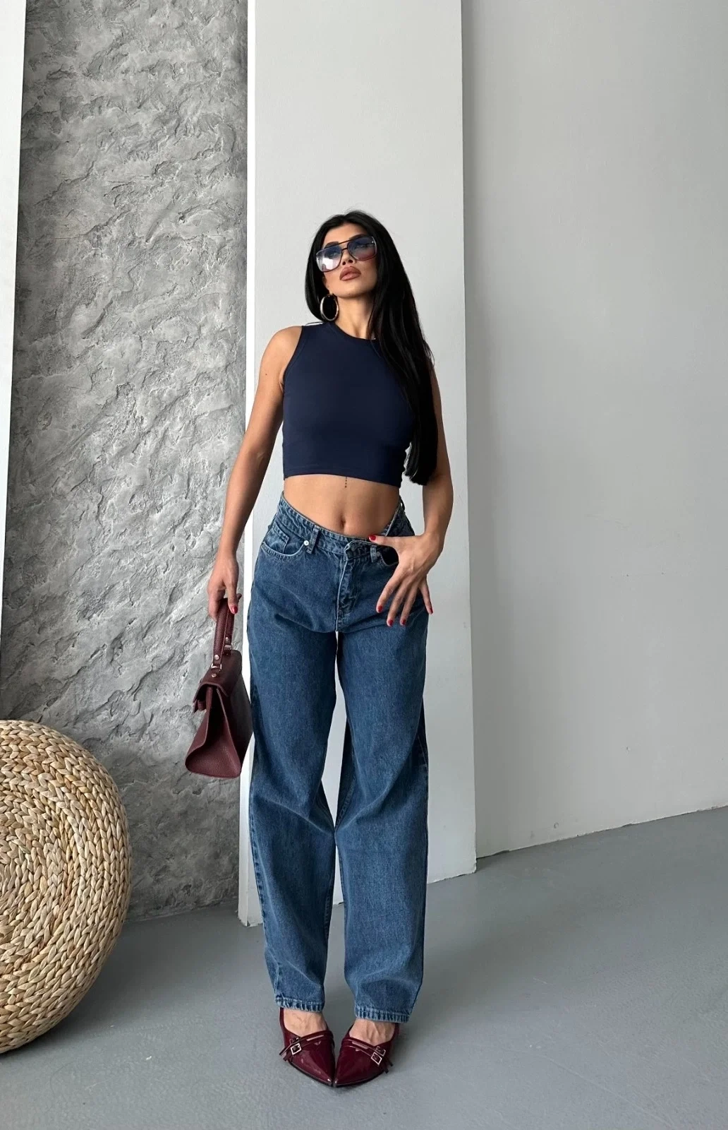 Baggy kar yıkama jeans pantolon koyu mavi