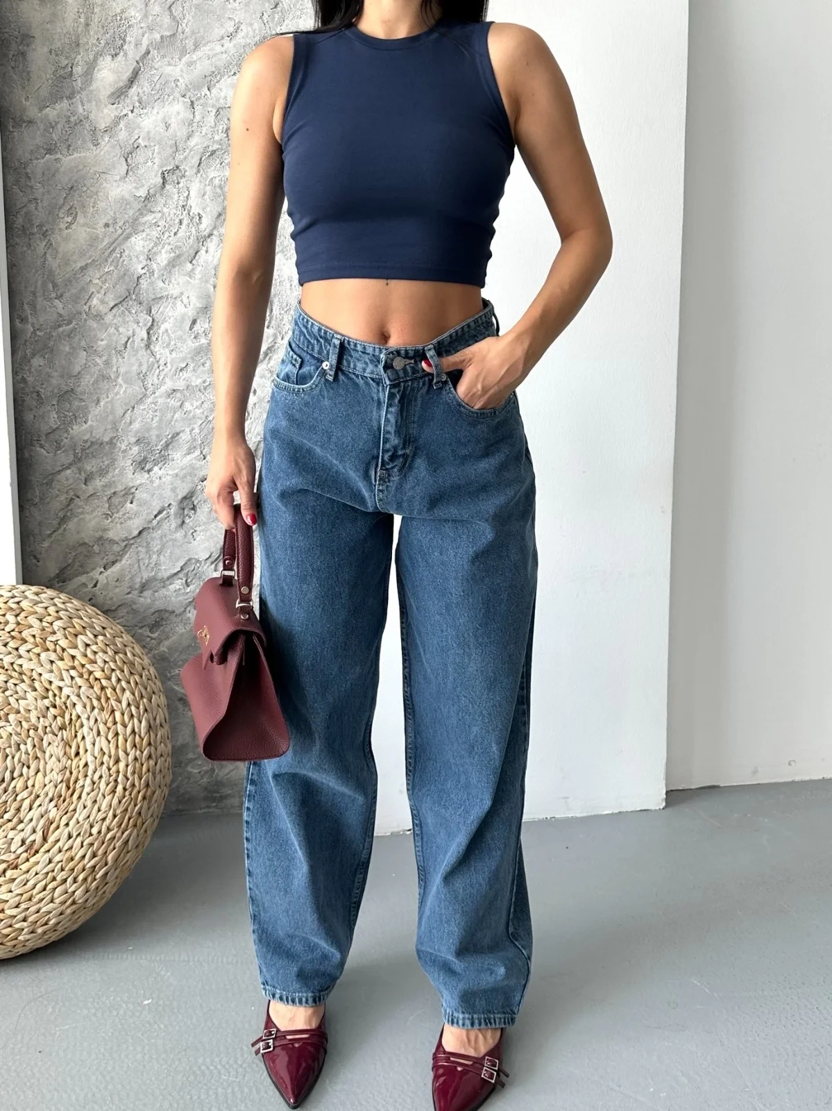 Baggy kar yıkama jeans pantolon koyu mavi