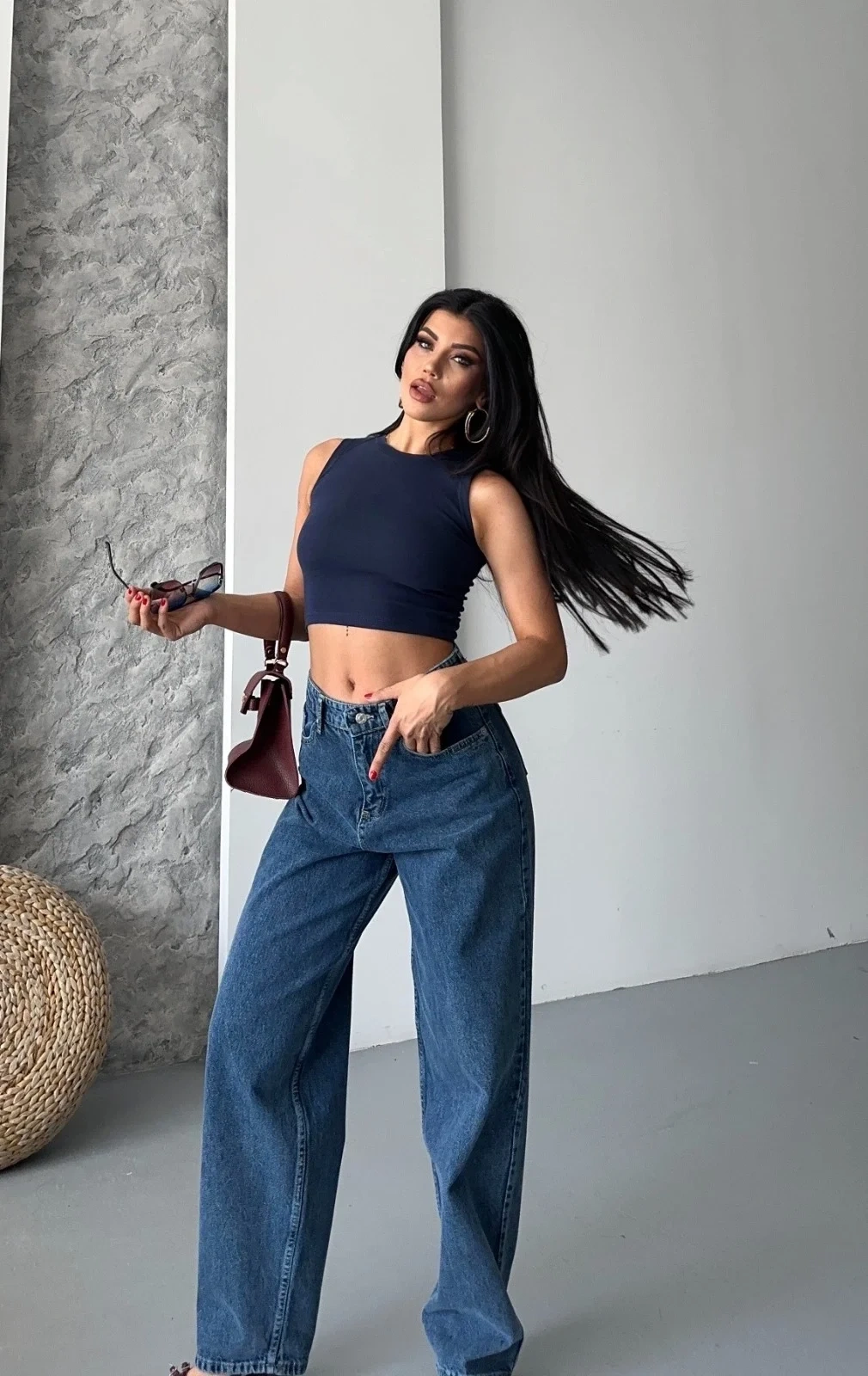 Baggy kar yıkama jeans pantolon koyu mavi