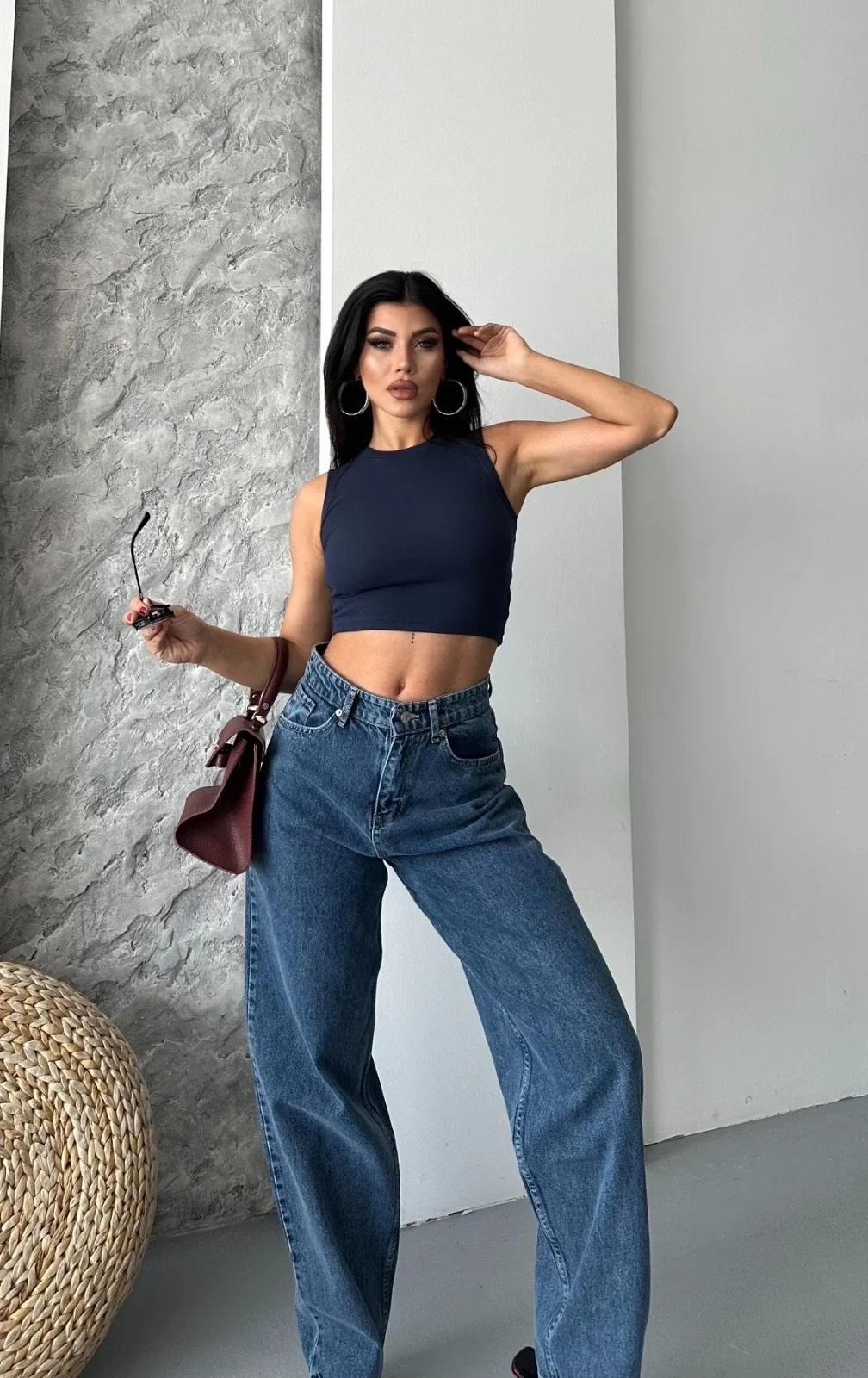 Baggy kar yıkama jeans pantolon koyu mavi